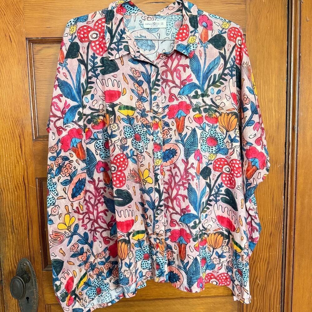 Natural Life OS Floral Mushroom Button Down Shirt 100% Cotton Boho Oversized Top - Picture 2 of 7